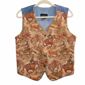 90s Tapestry Equestrian Carole Little Sport Denim Vest Size L Vintage Cowgirl